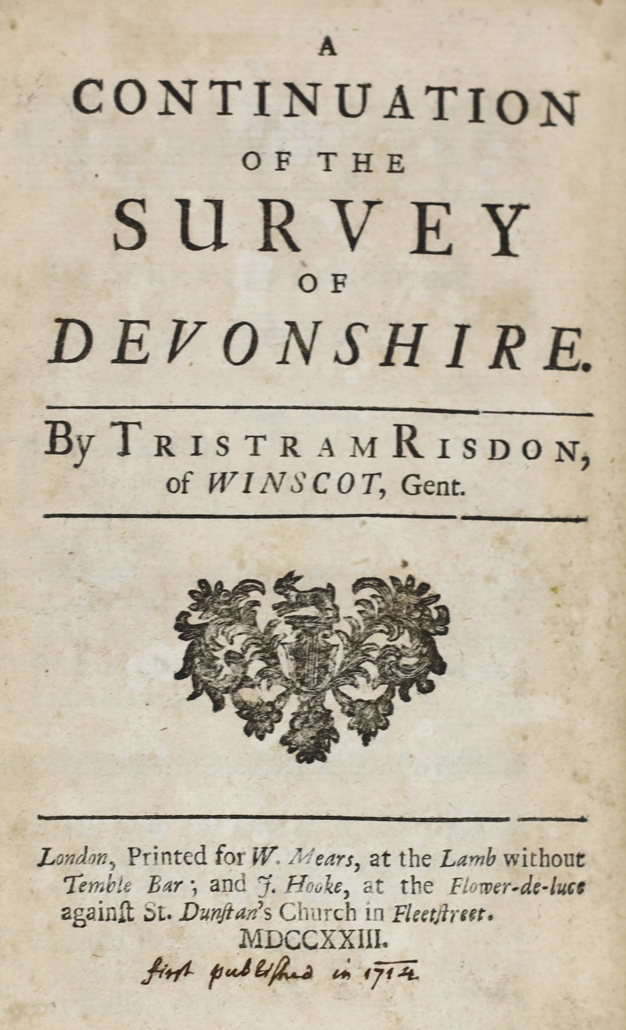 DEVON: Risdon, Tristram - A Continuation of the Survey of Devonshire ... (2nd edition). text decorations; old gilt-decorated half calf and cloth with panelled spine